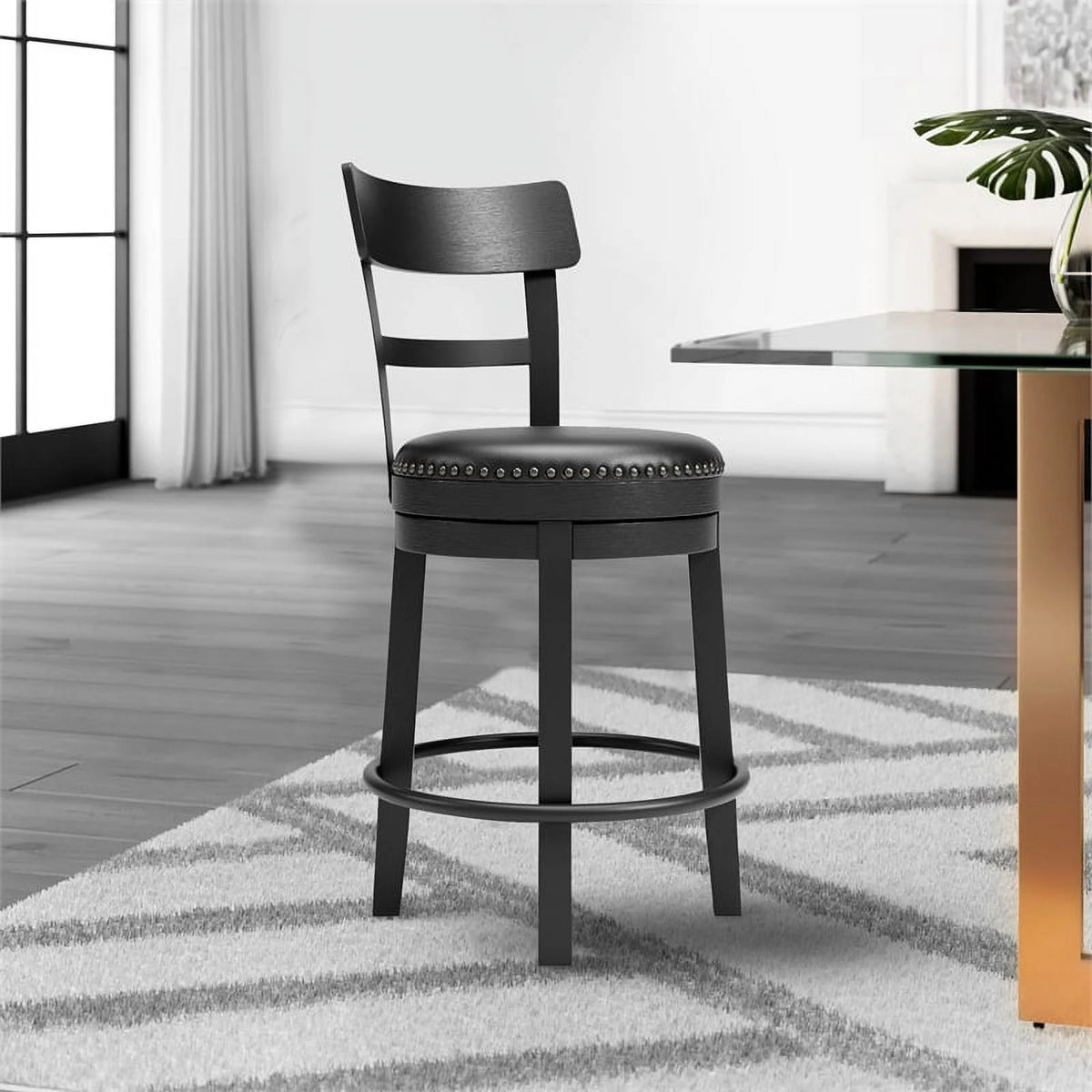 Solid Wood Counter Height Barstool in Black Set of 2 E7562