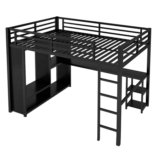 Queen Size Black Metal Loft Bed with L Desk and Wardrobe J307