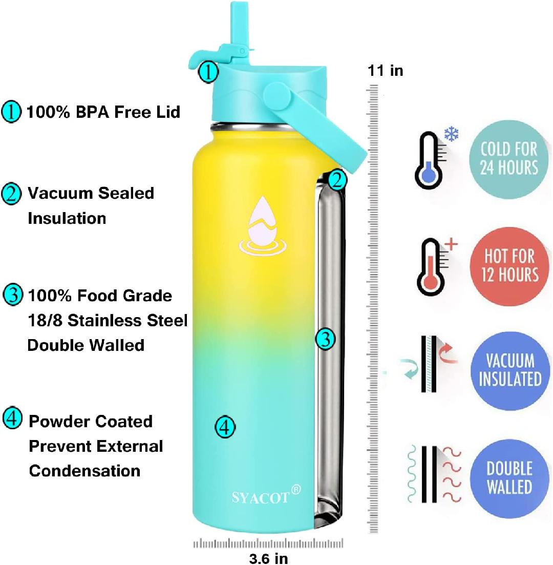 40 oz Stainless Steel Insulated Water Bottle with 2 Straw Lids C42164