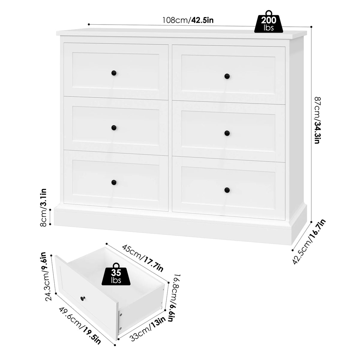 White 6 Drawer Wood Dresser Q6187